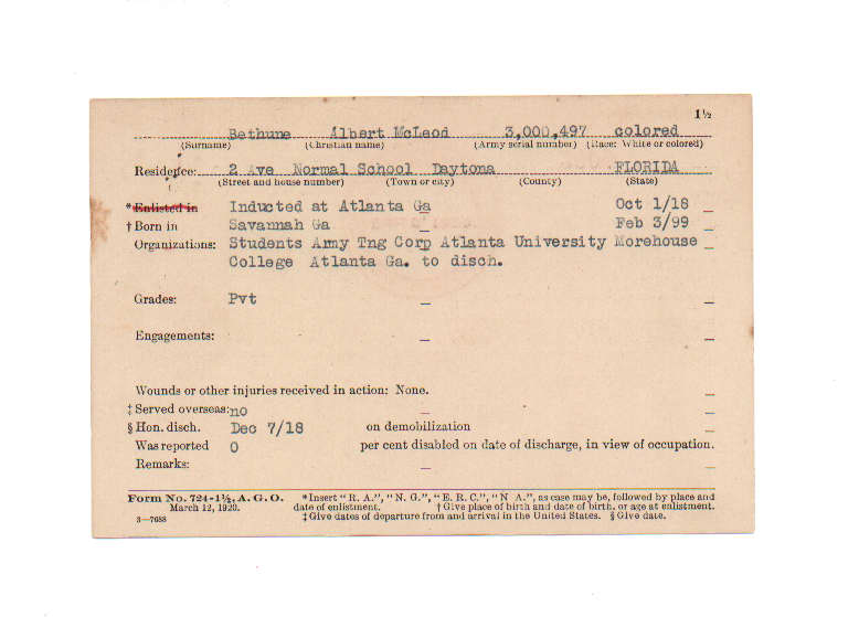 World War I Service Card for Albert McLeod Bethune, son of Mary McLeod Bethune World War I Service Card for Albert McLeod Bethune, son of Mary McLeod Bethune