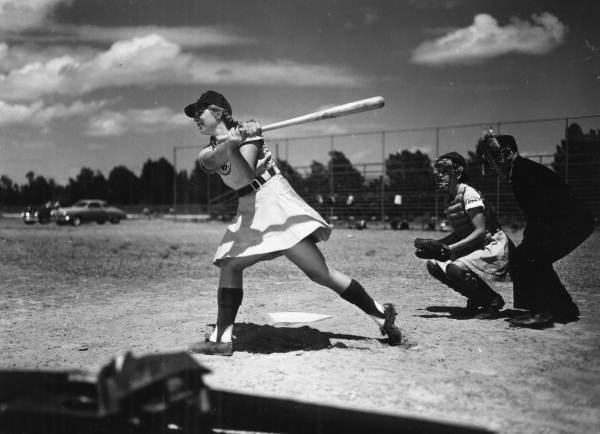 View of All American Girls Professional Baseball League member Dottie Schroeder getting a hit - Opa-Locka, Florida