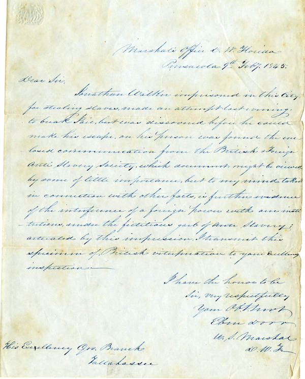 Correspondence Concerning Abolitionist Jonathan Walker 
