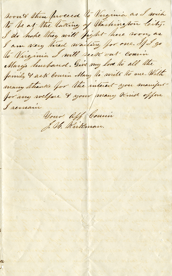 J. H. Kirkman to My Dear Cousin, August 24, 1861 
