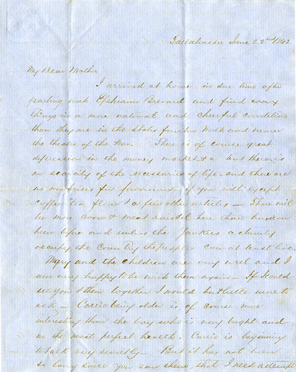 W. B. to My Dear Mother, June 22, 1862
