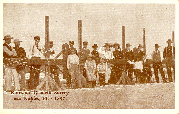 Koreshan Unity Geodetic Survey staff and onlookers with rectilineator (postcard image). 
