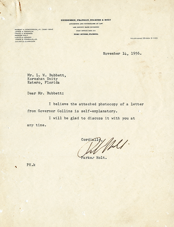 Letter from Parker Holt with attached letter from Governor Collins, 1956
