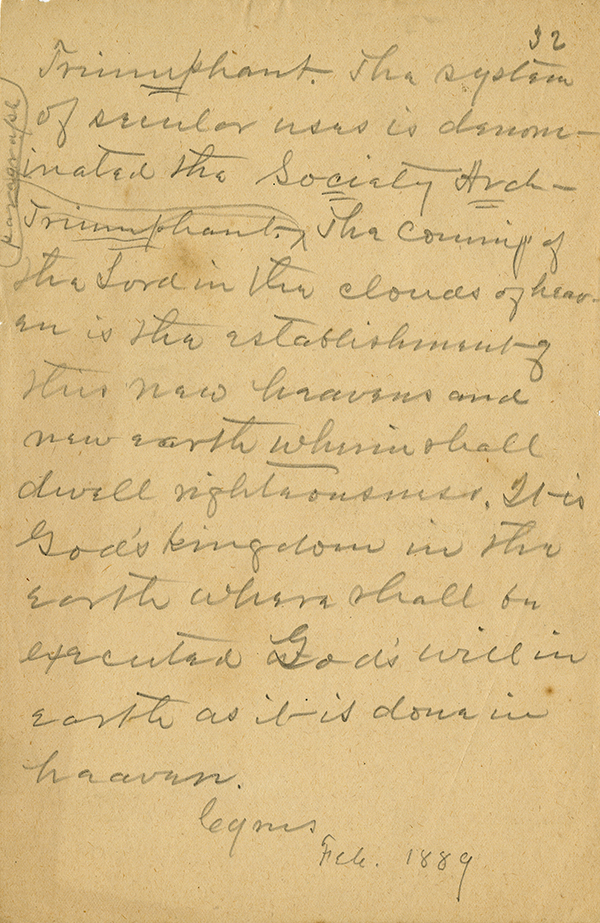 Final two pages of an original Cyrus Teed manuscript, 1889

