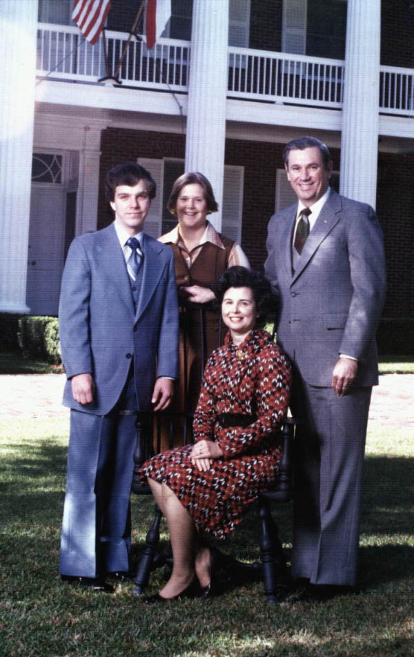 Florida Governor Askew and his family standing in front of the Governor's mansion.