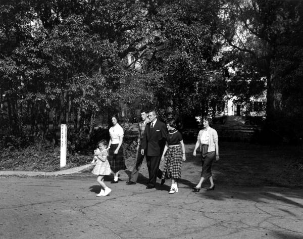 Governor LeRoy Collins and family walking from The Grove to the Governor's Mansion - Tallahassee, Florida