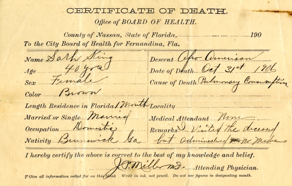 King, Sarah death certificates