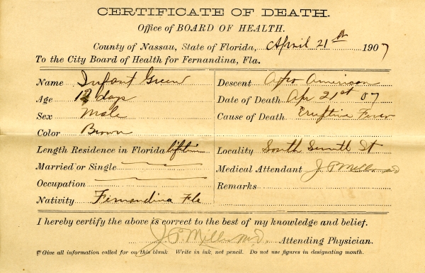 Green, Infant death certificates