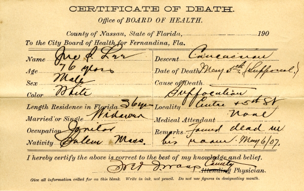 Lee, John S. death certificates