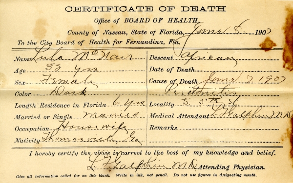 McNair, Lula death certificates