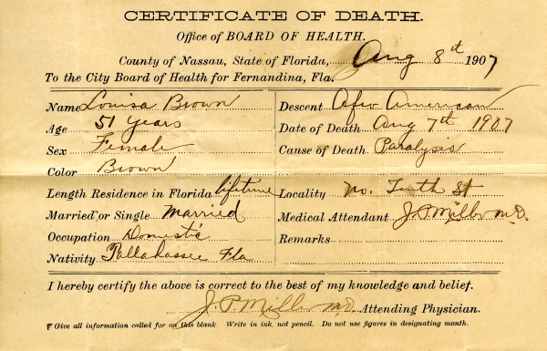 Brown, Louisa death certificates