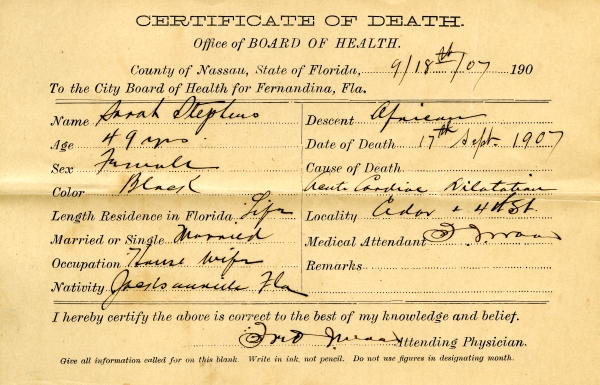 Stephens, Sarah death certificates