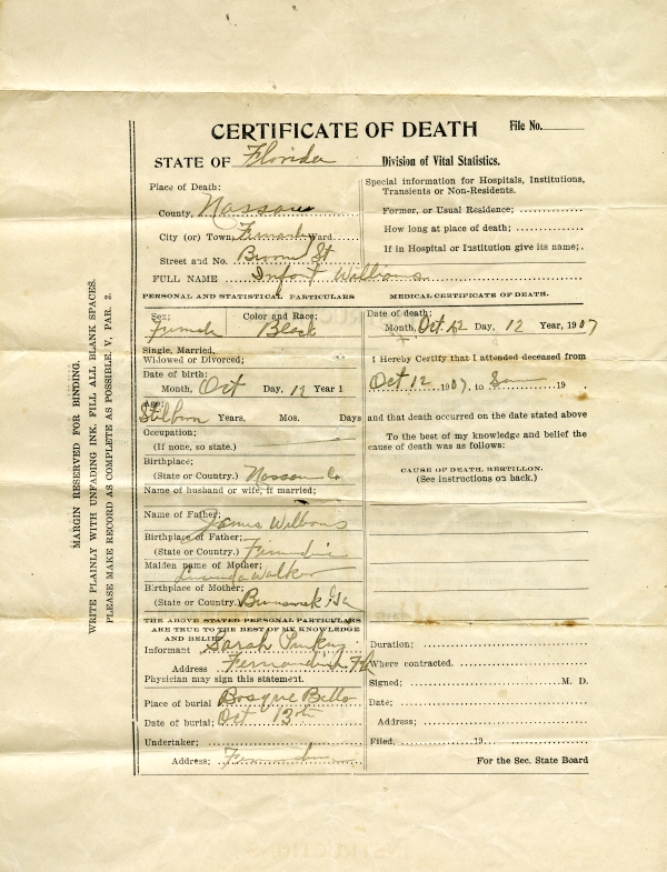 Williams, Infant death certificates