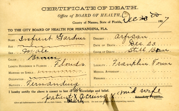 Gardner, Infant death certificates