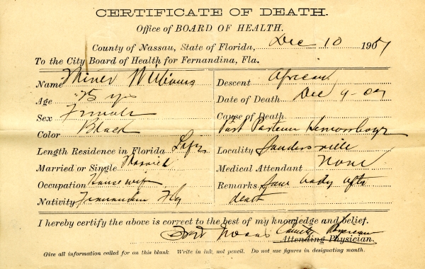 Williams, Minnie death certificates