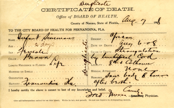 Simmons, Infant death certificates