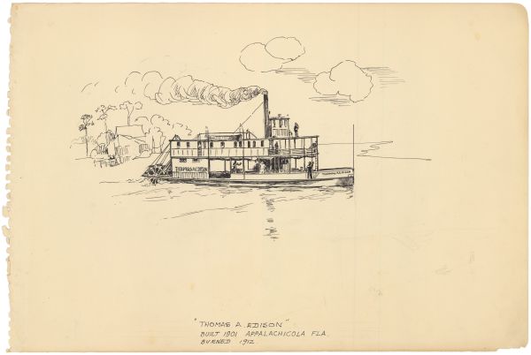 Sketch of the Steamboat Thomas A. Edison by Philip Ayer Sawyer, 1938
