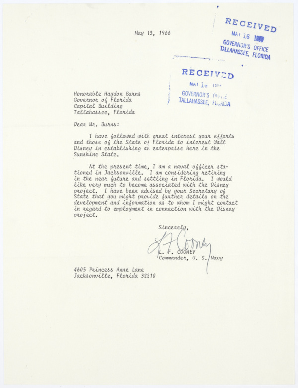 Letter from Commander Lawrence F. Cooney to Governor Haydon Burns Asking for Help Getting a Job from Disney, May 13, 1966