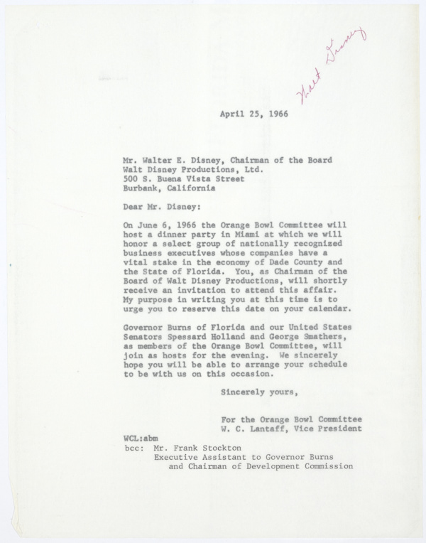 Copy of a Letter from William C. Lantaff to Walt Disney Inviting Him to Attend a Dinner Given by the Orange Bowl Committee, April 25, 1966