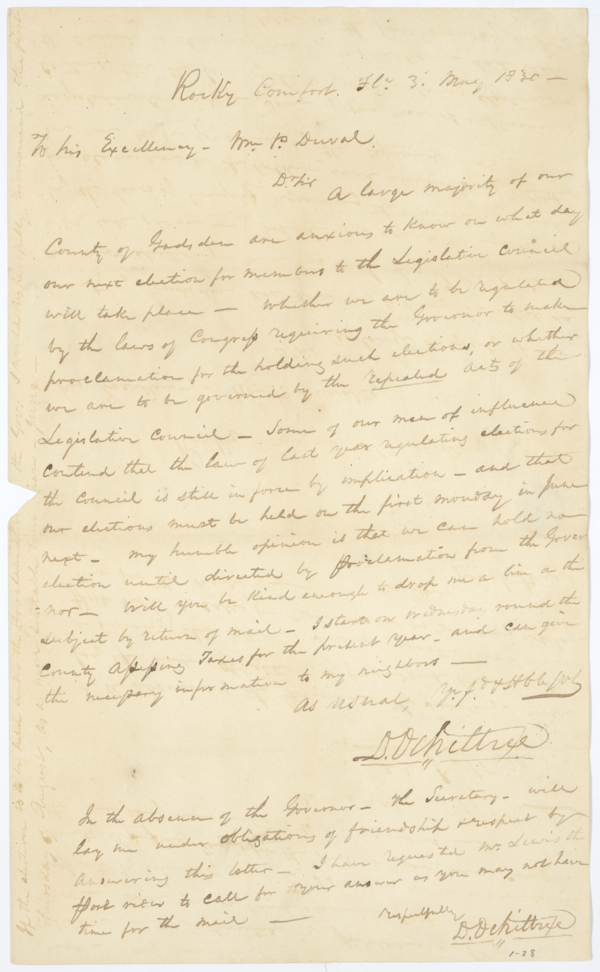 Letter from David Ochiltree to Governor William Pope Duval Regarding the Next Election, May 3, 1830