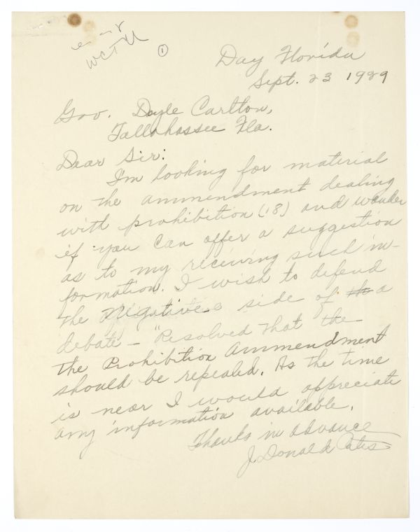 Correspondence Between J. Donald Cates and Governor Doyle Carlton Regarding the Eighteenth Amendment, 1929