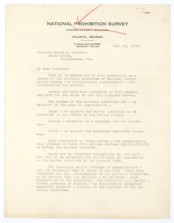 Letter from F. Marland Waters to Governor Doyle Carlton Asking the Governor to Be on the Advisory Committee for the National Prohibition Survey, February 22, 1930