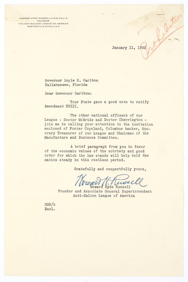 Letter from Foster Copeland of the Anti-Saloon League of America to Governor Doyle Carlton Regarding an Upcoming Convention, January 11, 1932