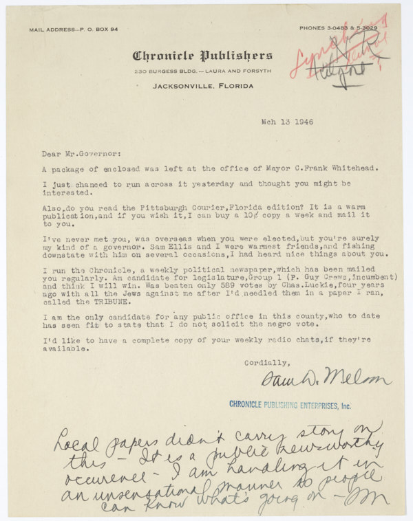 Letter from Sam W. Melon to Millard Caldwell, March 13, 1946