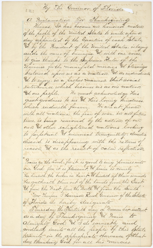 Proclamation by Governor Harrison Reed Designating Thursday, November 30, 1871 a Day of Thanksgiving, November 6, 1871