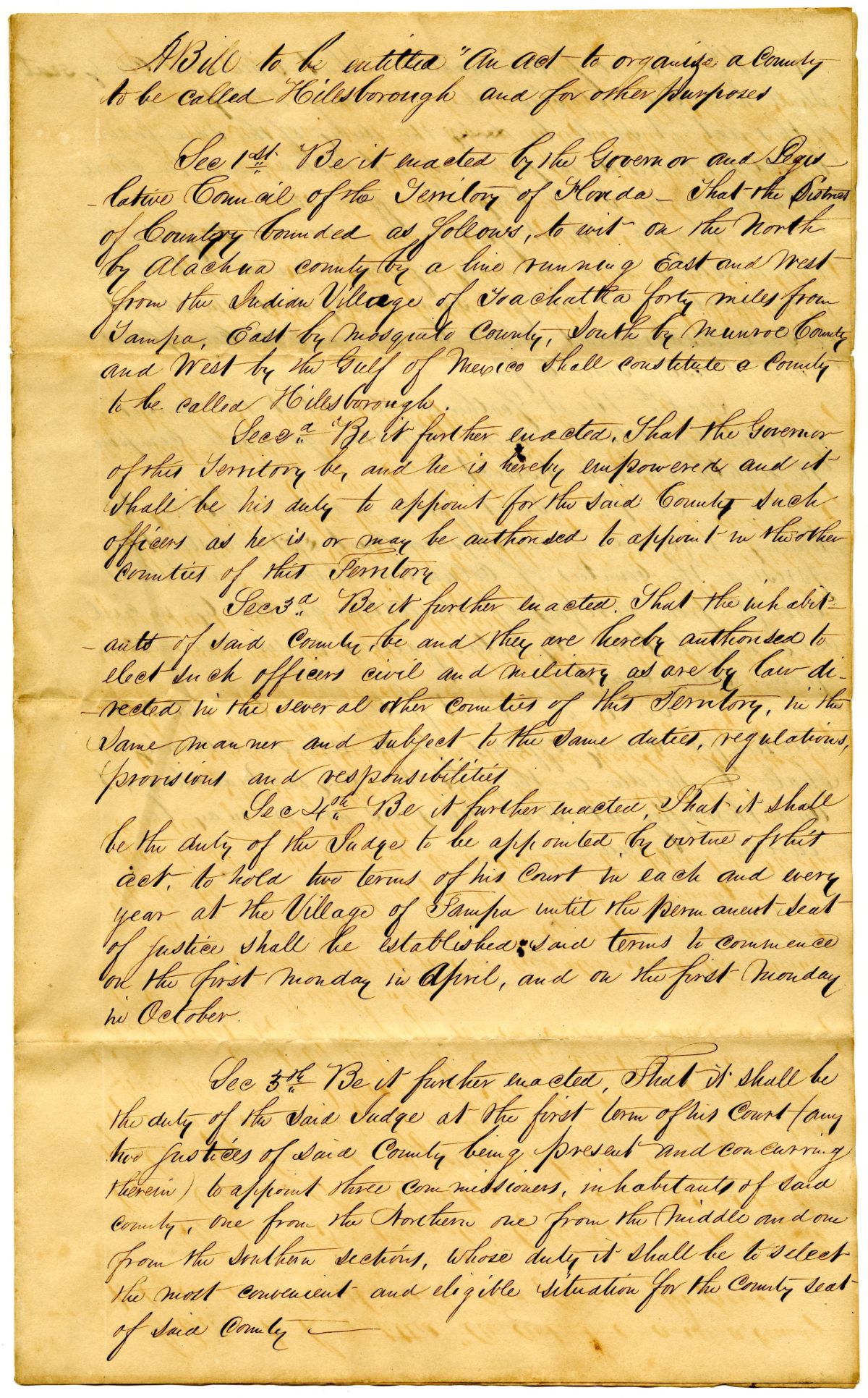 Draft of an Act to Organize a County to Be Called Hillsborough, 1834