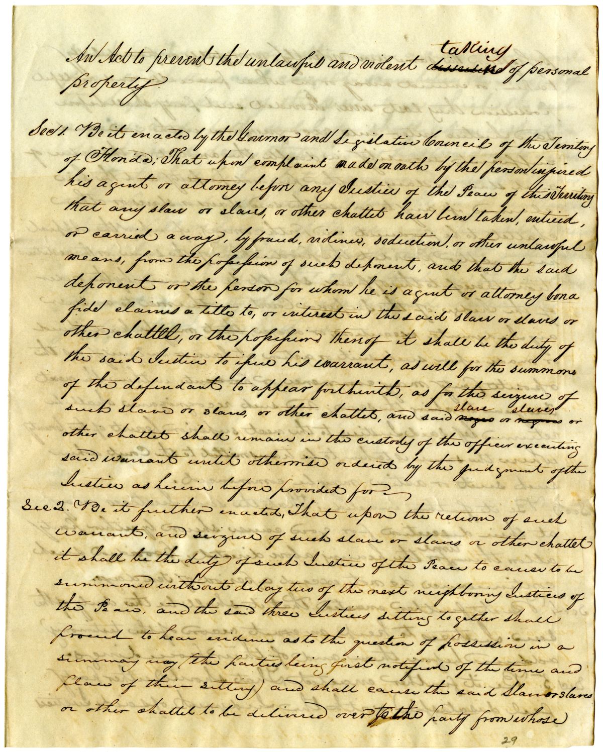 Draft of an Act to Prevent the Unlawful and Violent Taking of Personal Property, 1837