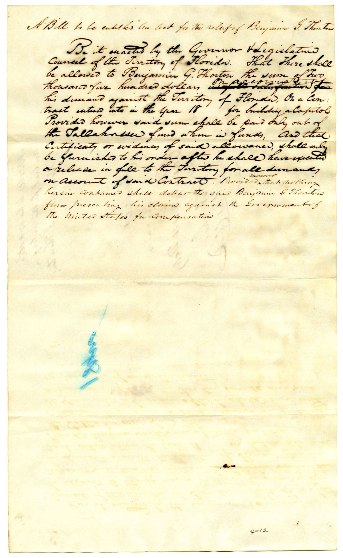 Draft of an Act for the Relief of Benjamin G. Thornton, 1842