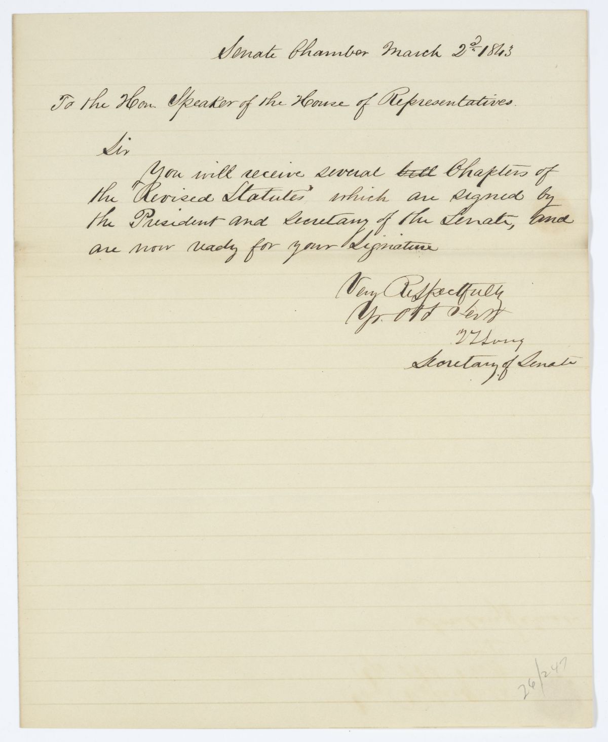 Message from the Senate to the House of Representatives Concerning the Revised Statutes, 1843