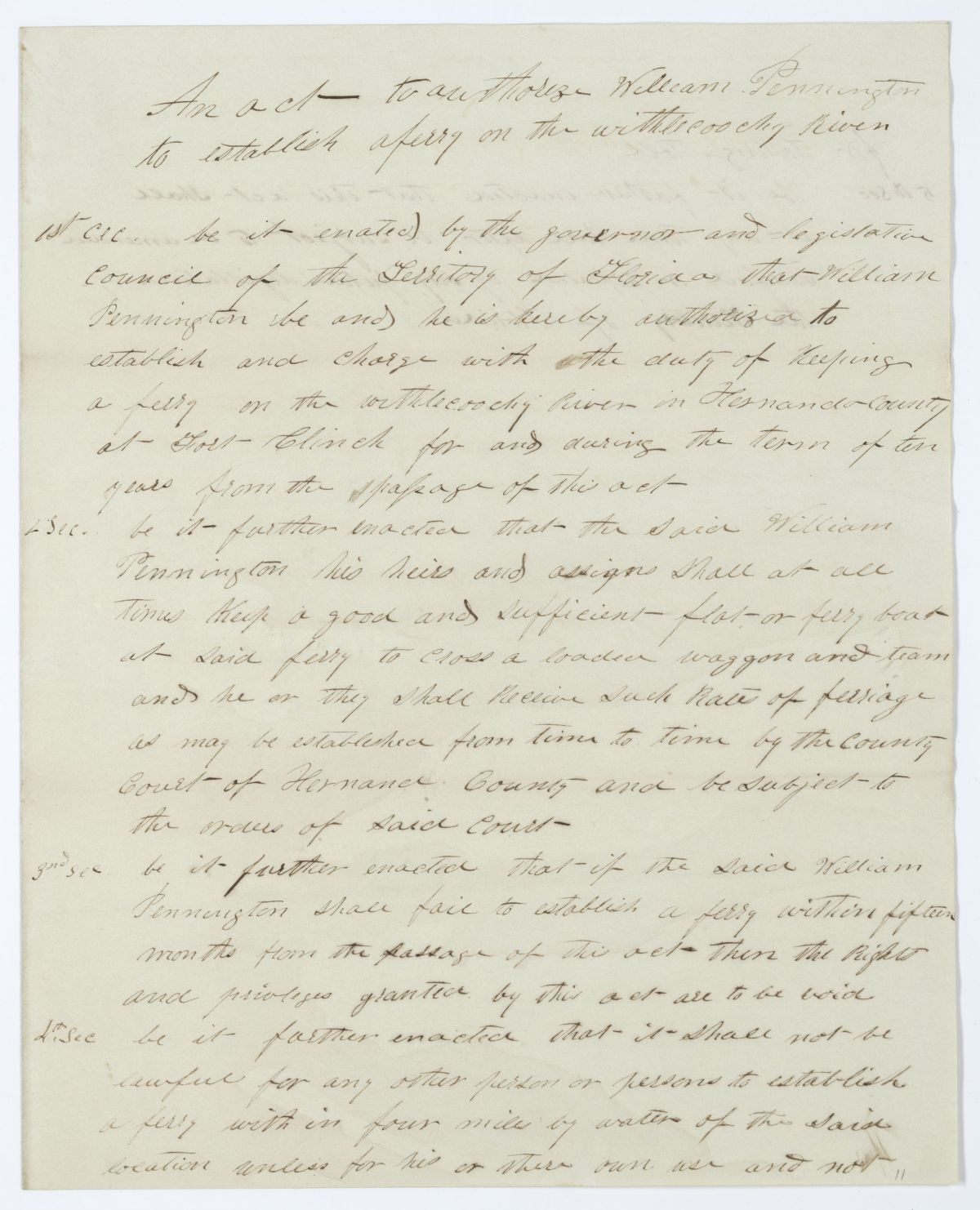 Draft of an Act to Authorize William Pennington to Establish a Ferry on the Withlacoochee River, 1844