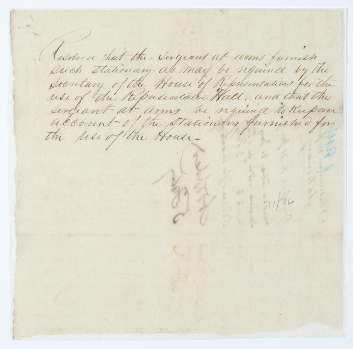Resolution Directing the Sergeant at Arms to Furnish Stationery to the Secretary of the House of Representatives, circa 1844