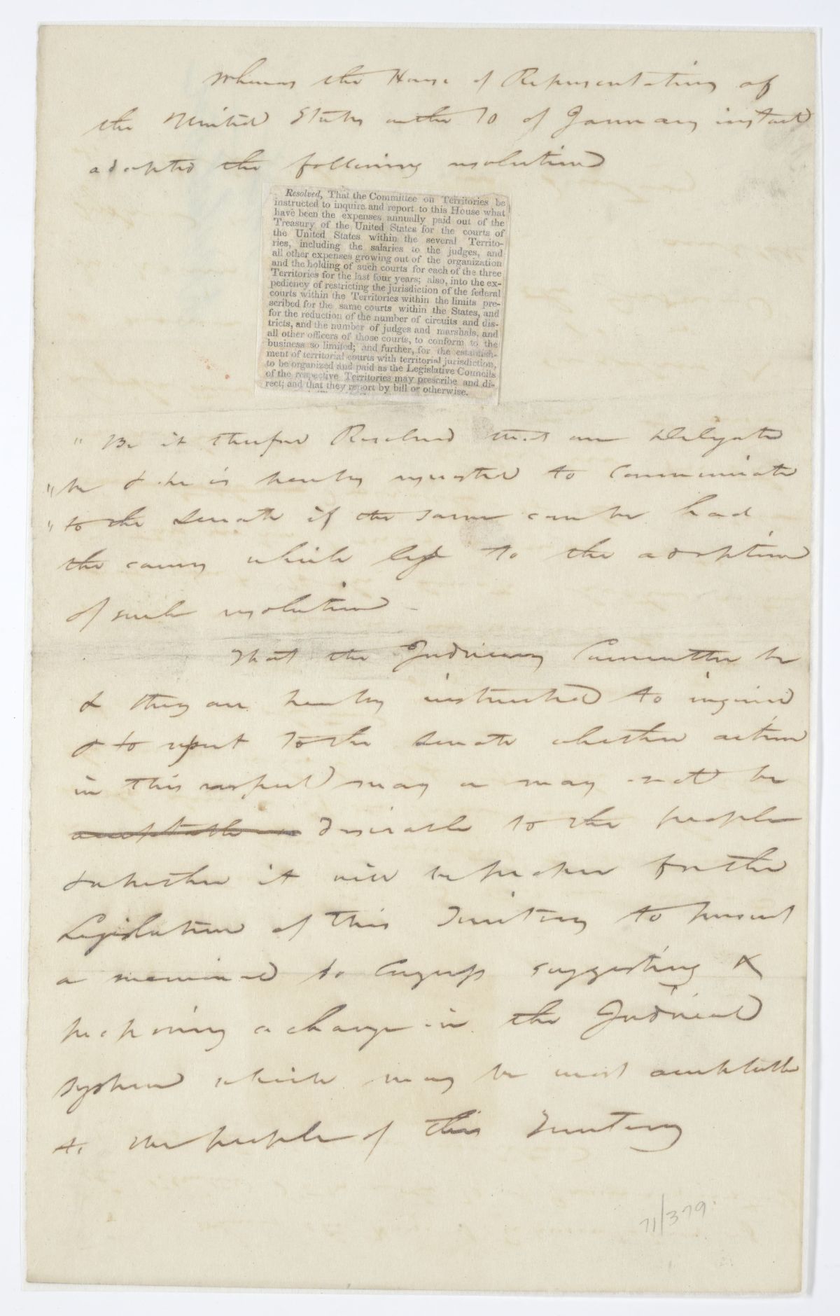 Resolution Concerning a Resolution Relative to Territories Passed by the United States House of Representatives, circa 1844