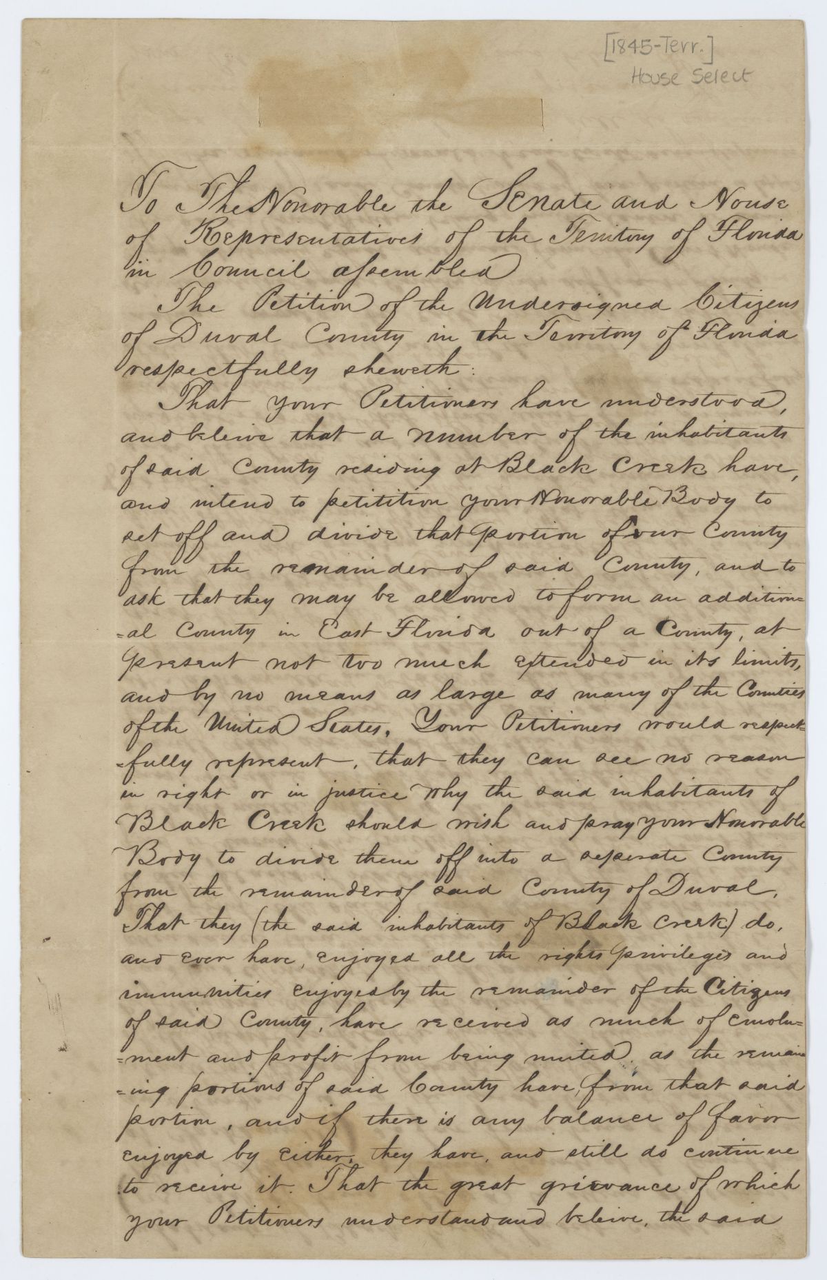 Petition of Citizens of Duval County Opposing the Division of Duval County, 1845