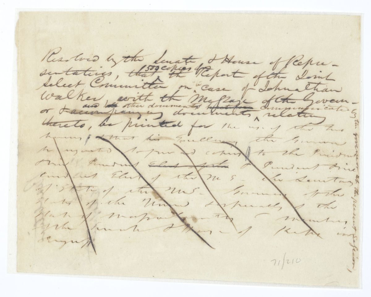 Resolution Calling for Five Hundred Copies of the Report of the Joint Select Committee on the Case of Jonathan Walker, circa 1845