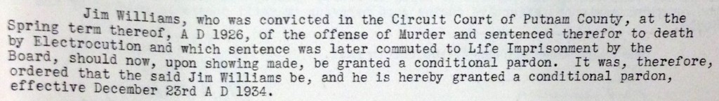 Jim Williams, who was convicted in the Circuit Court of Putnam County, at the Spring term thereog, A D 1926, of the offense of Murder and sentenced therefor to death by Electrocution and which sentence was later commuted to Life Imprisonment by the Board, should now, upon showing made, be granted a conditional pardon. It was, therefore ordered that the said Jim Williams be, and he is hereby granted a conditional pardon, effective December 23rd A D 1934.