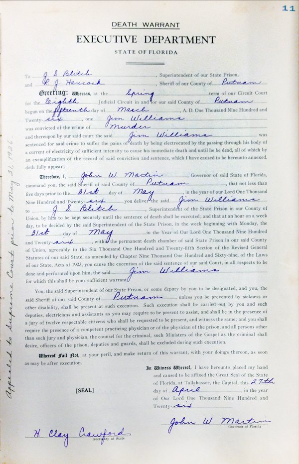 Death Warrant of Jim Williams signed by Governor Martin