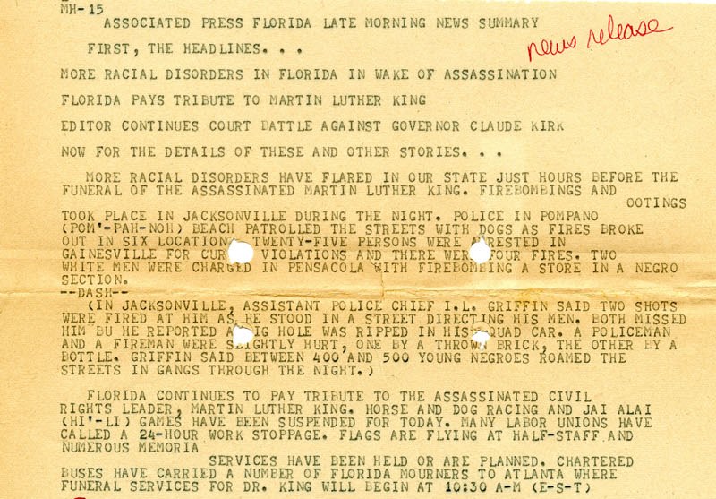 This Associated Press news summary describes some of the typical stories emerging from the widespread reaction to Dr. King's assassination.