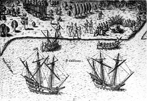 The French arrive in Florida, from Theodor de Bry, Grand Voyages (1591) The French arrive in Florida, from Theodor de Bry, Grand Voyages (1591)