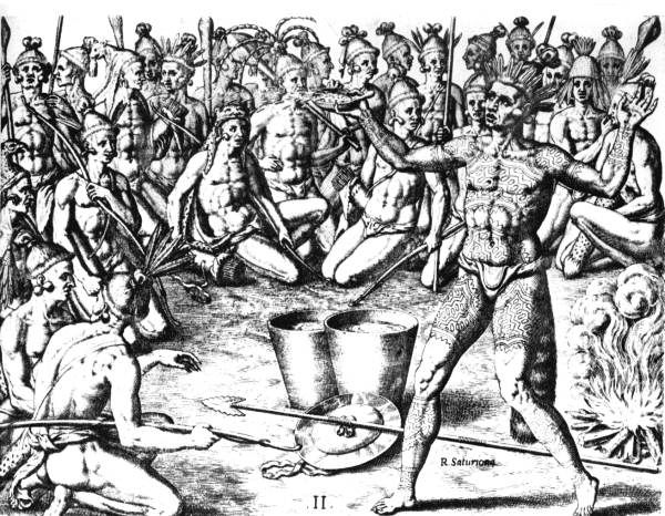 Chief Saturiba goes to war, from Theodor de Bry, Grand Voyages (1591) Chief Saturiba goes to war, from Theodor de Bry, Grand Voyages (1591)