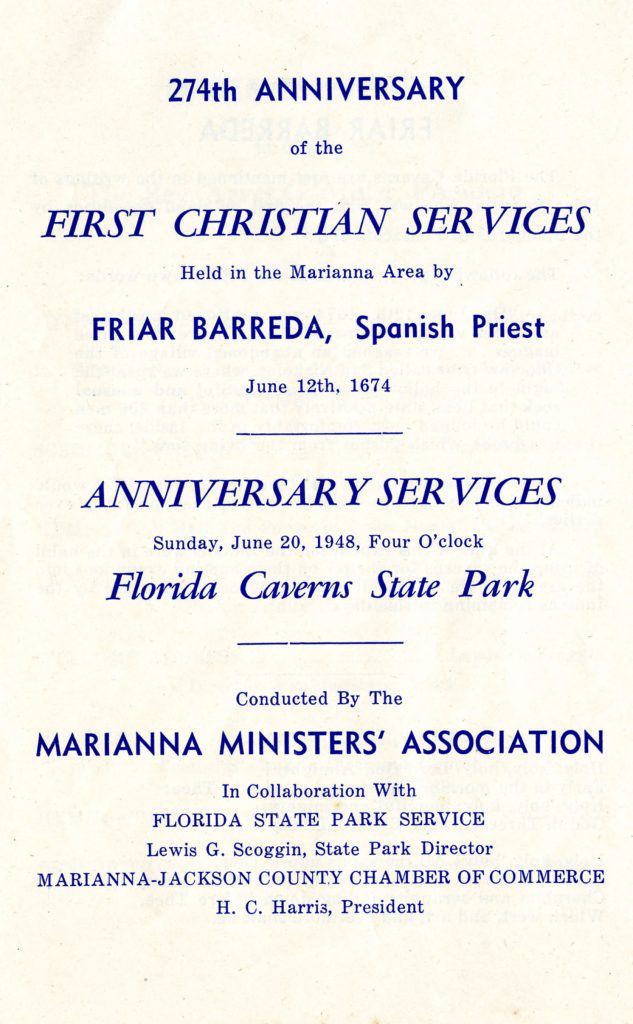 Program from services commemorating the 274th anniversary of the first Christian services held at the Florida Caverns in Marianna. Florida Park Service Public Relations Files (S. 1951), Folder 62, State Archives of Florida.
