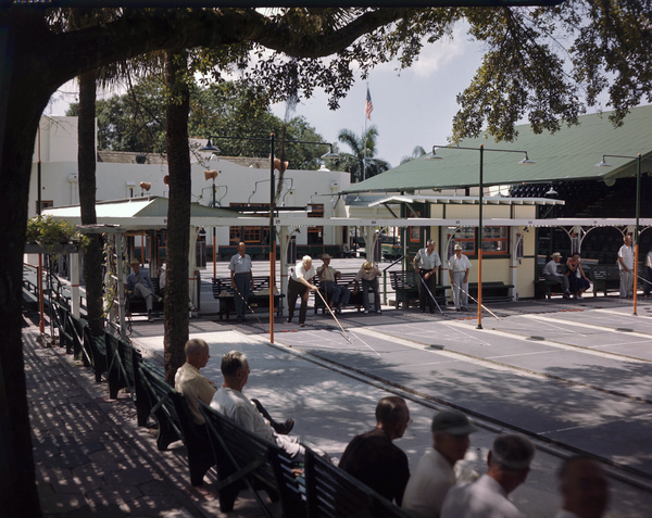View showing players at the St. Petersburg Shuffleboard Club.