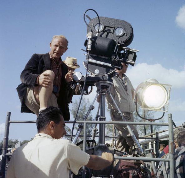 View of cameramen on the set shooting the film "Wind Across the Everglades".