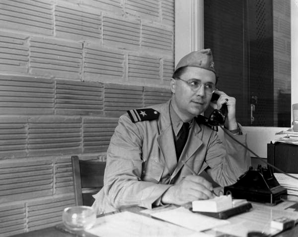 View of Lt. Joe J. Steinmetz talking on the phone at NAS Pensacola.