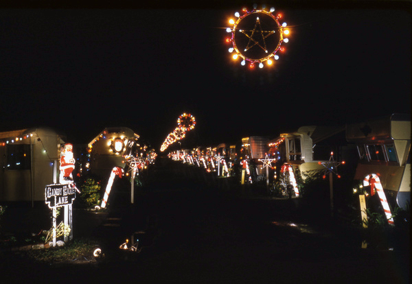 View showing Christmas lights at a trailer park in Sarasota.