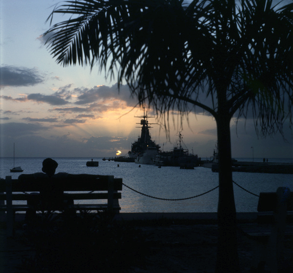 View showing silhouettes of ships during sunset in Sarasota, Florida.