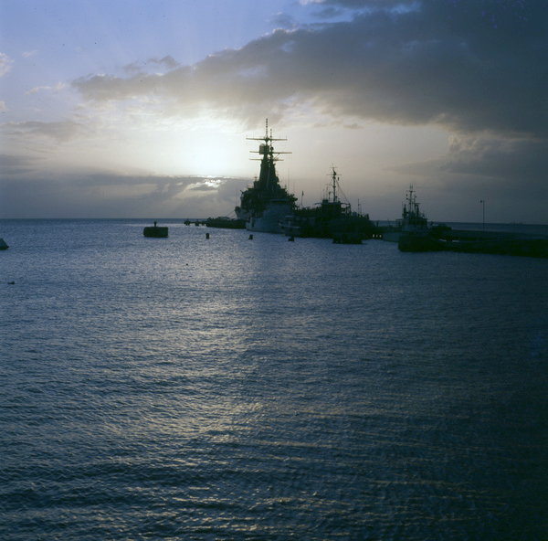 View showing silhouettes of ships during sunset in Sarasota, Florida.